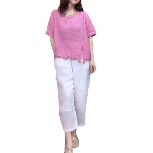 24501大愛美依緣2025夏季新款寬松復古刺綉上衣白色休閒濶腿褲女
