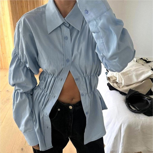 XY24327秋季2024新款女裝 時尚風氣質休閒百搭縮褶襯衣長袖上衣女