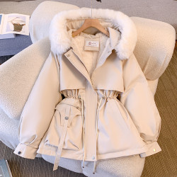 派克服女冬季2024年新款顯瘦羽絨棉服時尚百搭加絨厚皮毛一體外套