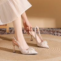 2024新款尖頭細跟高跟鞋大碼加肥加寬珍珠女單鞋婚鞋通勤伴娘鞋