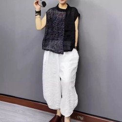 24393大愛美依緣2025夏季新款圓領寬松拼接襯衫休閒哈倫褲時尚女