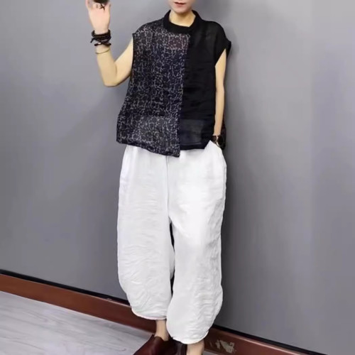 24393大愛美依緣2025夏季新款圓領寬松拼接襯衫休閒哈倫褲時尚女