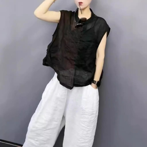 24393大愛美依緣2025夏季新款圓領寬松拼接襯衫休閒哈倫褲時尚女