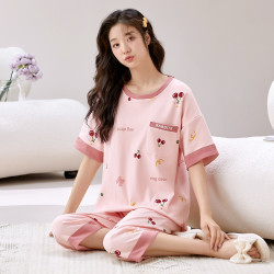 自帶胸墊一體式睡衣女夏短袖七分褲女士夏季家居服套裝棉質加大碼