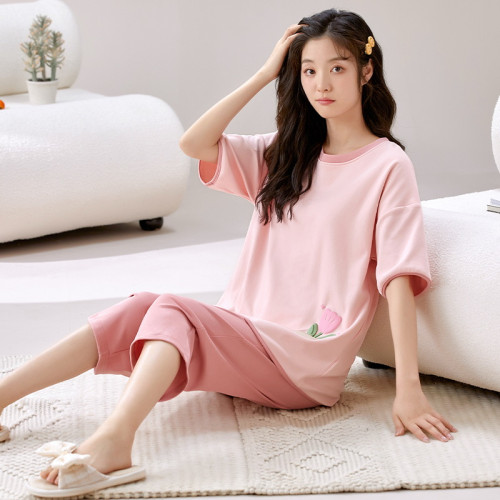 自帶胸墊一體式睡衣女夏短袖七分褲女士夏季家居服套裝棉質加大碼