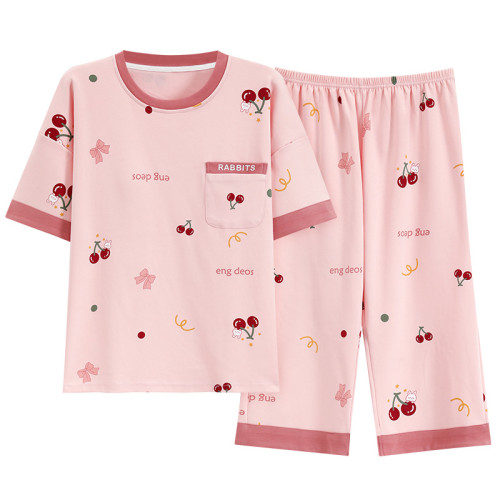 自帶胸墊一體式睡衣女夏短袖七分褲女士夏季家居服套裝棉質加大碼