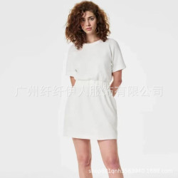 2024夏季新款女裝歐美純色寬松插口袋松緊腰短袖連衣裙