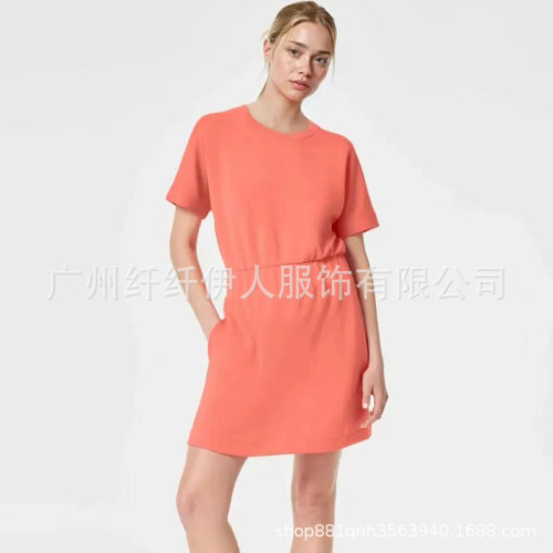 2024夏季新款女裝歐美純色寬松插口袋松緊腰短袖連衣裙