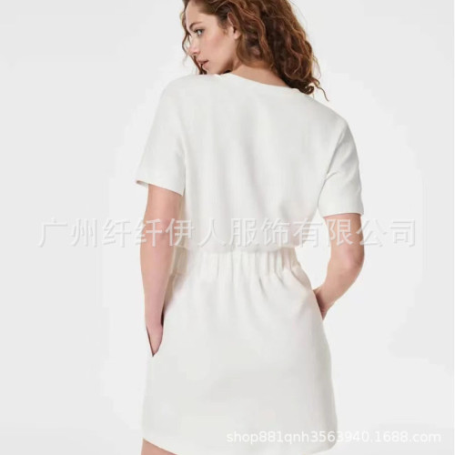 2024夏季新款女裝歐美純色寬松插口袋松緊腰短袖連衣裙