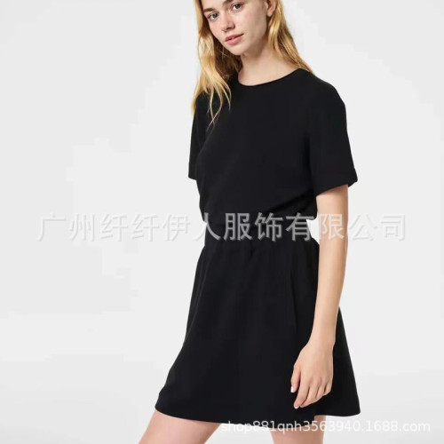2024夏季新款女裝歐美純色寬松插口袋松緊腰短袖連衣裙
