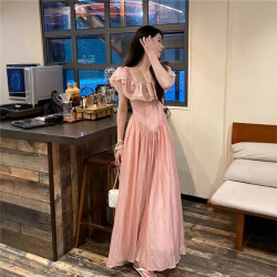 2024夏季新品大碼女裝法式溫柔茶歇連衣裙胖mm顯瘦復古露肩長裙子