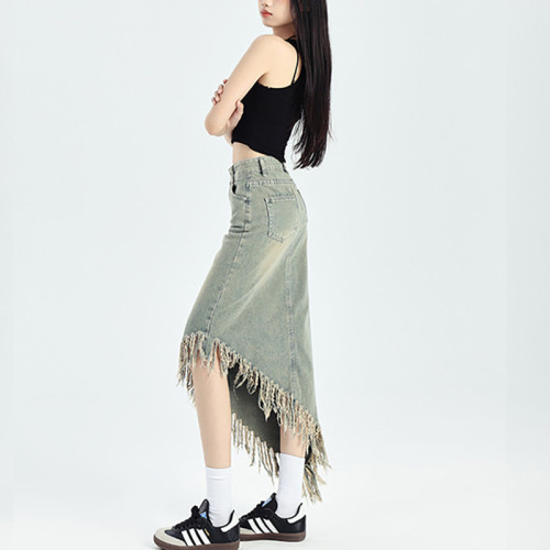 不規則流蘇牛仔半身裙女夏季設計感小個子美式復古港風A字中長裙