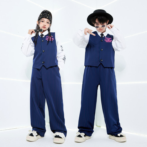 兒童爵士舞套裝藍色西裝馬甲潮服男童街舞Popping演出服locking女