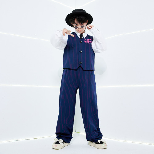 兒童爵士舞套裝藍色西裝馬甲潮服男童街舞Popping演出服locking女