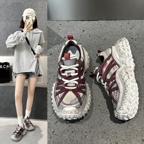 巴黎復古擦色做舊安可拉紅老爹鞋女2025春厚底增高系帶運動髒髒鞋