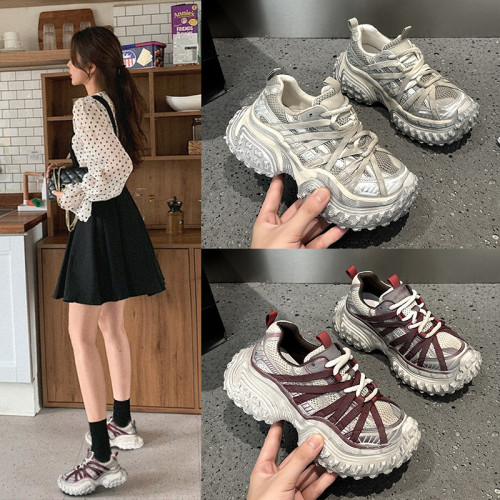 巴黎復古擦色做舊安可拉紅老爹鞋女2025春厚底增高系帶運動髒髒鞋