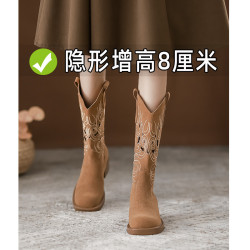 刺綉復古西部牛仔靴鏤空夏季薄款長靴女夏天透氣時裝靴中筒騎士靴