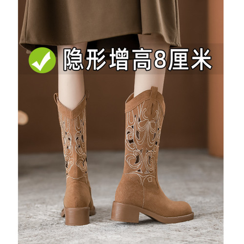 刺綉復古西部牛仔靴鏤空夏季薄款長靴女夏天透氣時裝靴中筒騎士靴