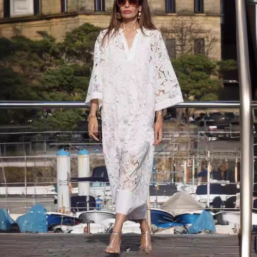 2024新款歐美女爆款蕾絲牛奶絲寬松中長款純色連衣裙