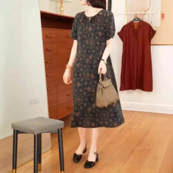 24536大愛美依緣2025夏季新款短袖中長款寬松連衣裙時尚顯瘦女裙