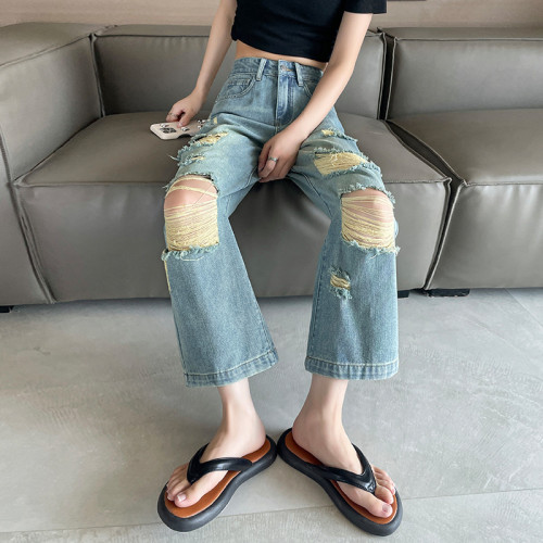 七分破洞濶腿牛仔褲女夏季薄款2024年新款高腰寬松八分乞丐直筒褲