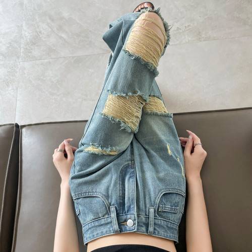 七分破洞濶腿牛仔褲女夏季薄款2024年新款高腰寬松八分乞丐直筒褲