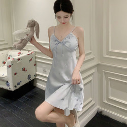 2024新款性感睡裙女士夏季吊帶冰絲綢睡衣ins印花純欲睡衣帶胸墊