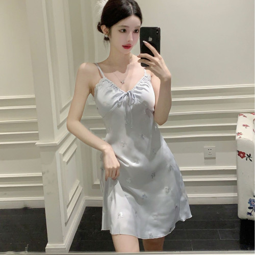 2024新款性感睡裙女士夏季吊帶冰絲綢睡衣ins印花純欲睡衣帶胸墊