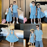 韓系親子裝連衣裙夏裝格紋背心親子裝一家四口母女海邊度假連衣裙