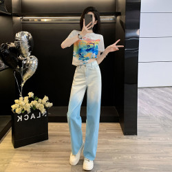 休閒多巴胺潮流女裝百搭短袖顯瘦氣質減齡漸變直筒牛仔褲夏季外穿