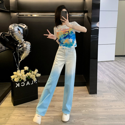 休閒多巴胺潮流女裝百搭短袖顯瘦氣質減齡漸變直筒牛仔褲夏季外穿