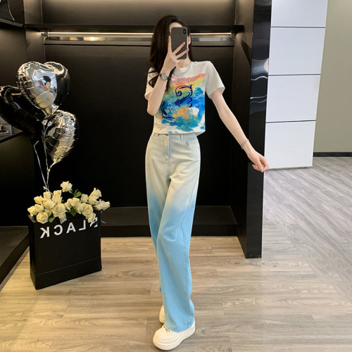 休閒多巴胺潮流女裝百搭短袖顯瘦氣質減齡漸變直筒牛仔褲夏季外穿