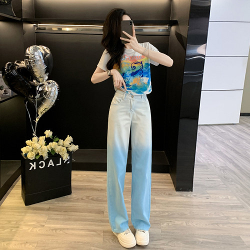 休閒多巴胺潮流女裝百搭短袖顯瘦氣質減齡漸變直筒牛仔褲夏季外穿