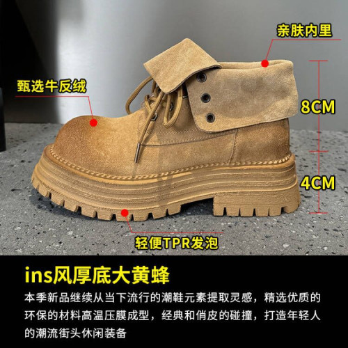 真皮復古翻蓋馬丁靴女2024秋冬新款黃色單靴厚底兩穿短靴大黃靴潮