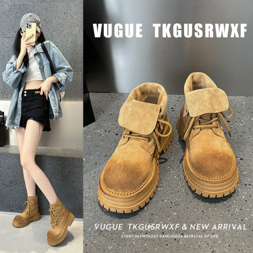 真皮復古翻蓋馬丁靴女2024秋冬新款黃色單靴厚底兩穿短靴大黃靴潮