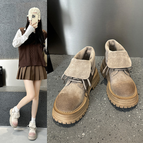 真皮復古翻蓋馬丁靴女2024秋冬新款黃色單靴厚底兩穿短靴大黃靴潮