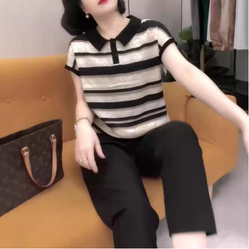 24551大愛美依緣2025夏季新款翻領減齡條紋打底衫時尚九分褲女裝