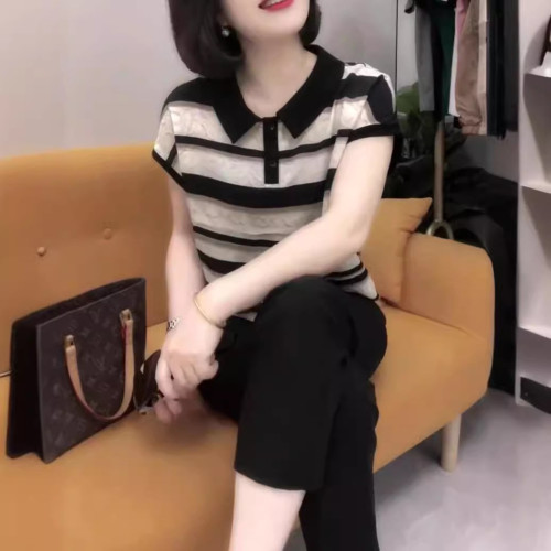 24551大愛美依緣2025夏季新款翻領減齡條紋打底衫時尚九分褲女裝