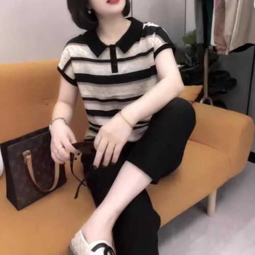 24551大愛美依緣2025夏季新款翻領減齡條紋打底衫時尚九分褲女裝