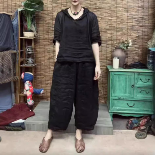24560大愛美依緣2025夏季新款時尚純色連帽上衣休閒哈倫褲顯瘦女