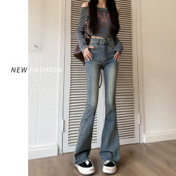 微喇牛仔褲女2023春秋新款復古雙釦修身顯瘦高腰彈力喇叭褲子秋季