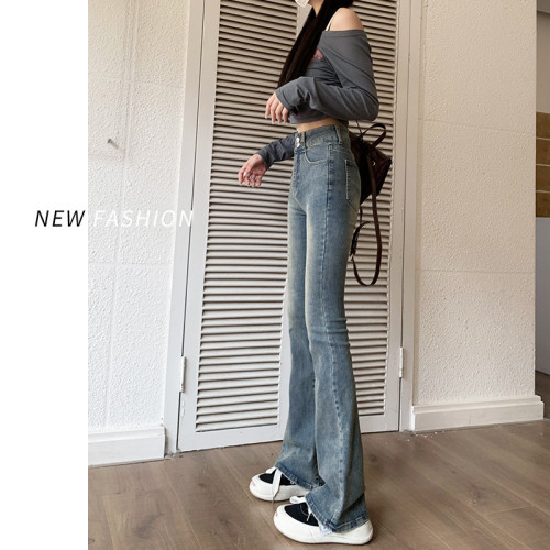 微喇牛仔褲女2023春秋新款復古雙釦修身顯瘦高腰彈力喇叭褲子秋季