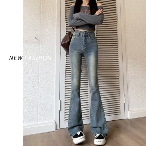 微喇牛仔褲女2023春秋新款復古雙釦修身顯瘦高腰彈力喇叭褲子秋季
