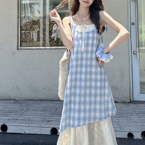 蕾絲拼接格子吊帶裙連衣裙女2024夏季新款清新寬松顯瘦假兩件裙子