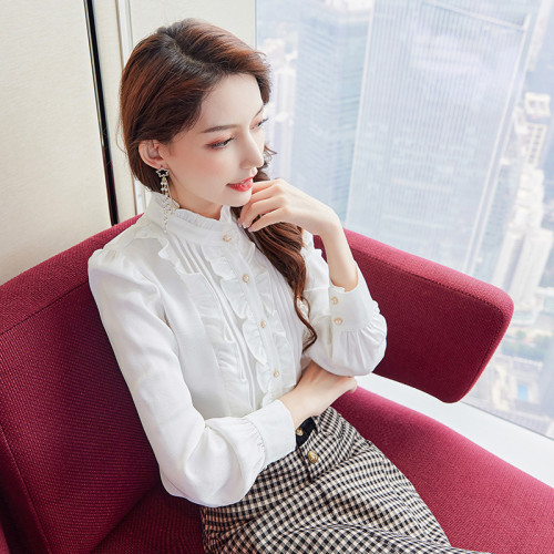 2025春季新款雪紡木耳邊氣質設計感立領小上衣氣質復古襯衫女