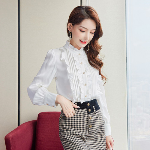 2025春季新款雪紡木耳邊氣質設計感立領小上衣氣質復古襯衫女