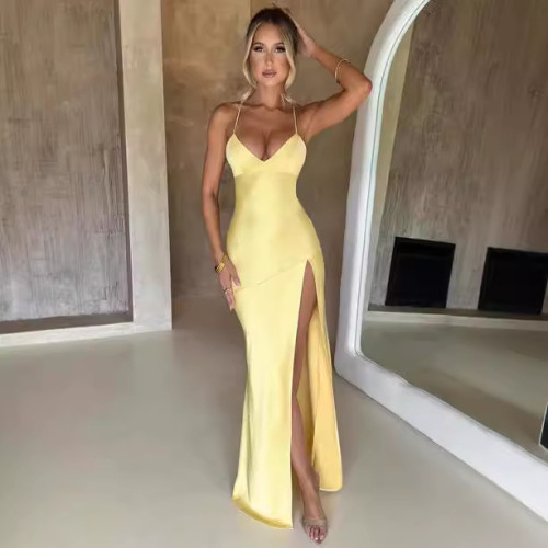 歐美女夏連衣裙2024新款純色sexy收腰露背無袖顯瘦連衣長裙