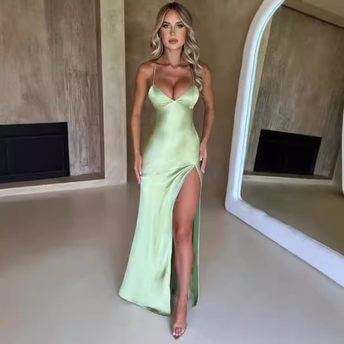 歐美女夏連衣裙2024新款純色sexy收腰露背無袖顯瘦連衣長裙