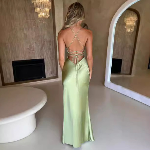 歐美女夏連衣裙2024新款純色sexy收腰露背無袖顯瘦連衣長裙