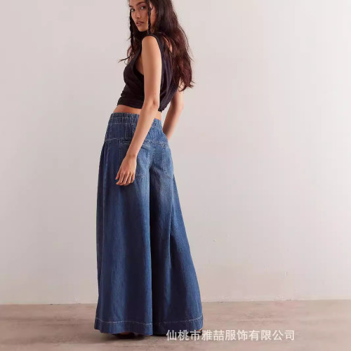 2024獨立站新款褶皺中腰系帶寬松濶腿牛仔褲女